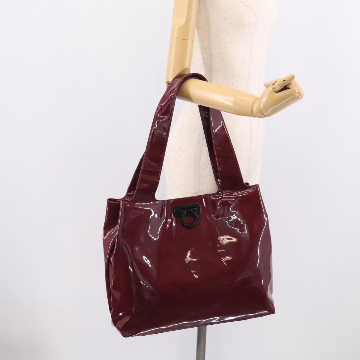 Salvatore Ferragamo Gancini Shoulder Bag Patent Bordeaux Silver Auth BA17014