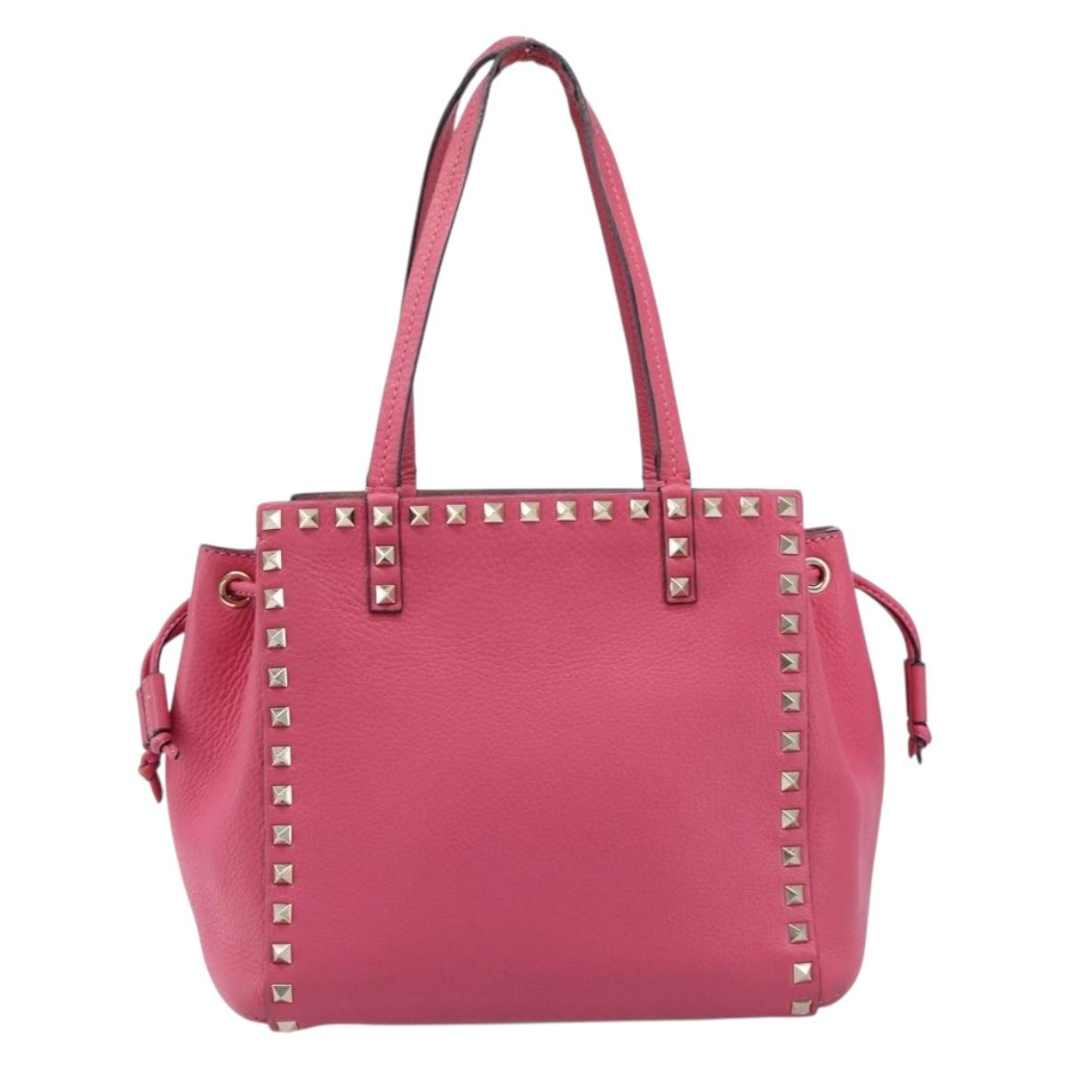 Valentino Rock Studs Hand Bag Leather Pink Gold Auth BA17029