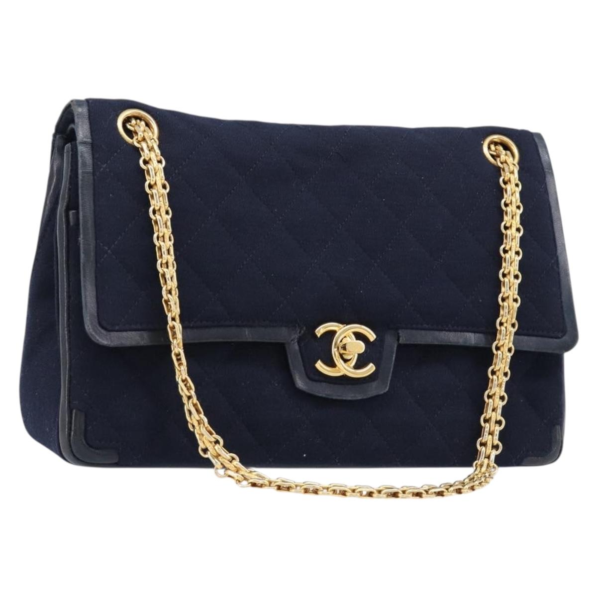 CHANEL Matelasse Double Flap Chain Shoulder Bag Cotton Navy Gold CC Auth BA17030