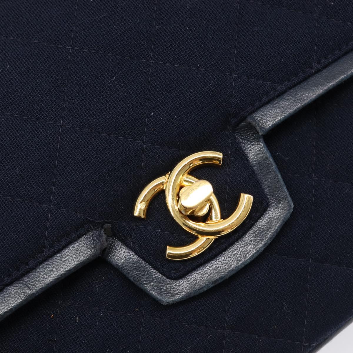 CHANEL Matelasse Double Flap Chain Shoulder Bag Cotton Navy Gold CC Auth BA17030