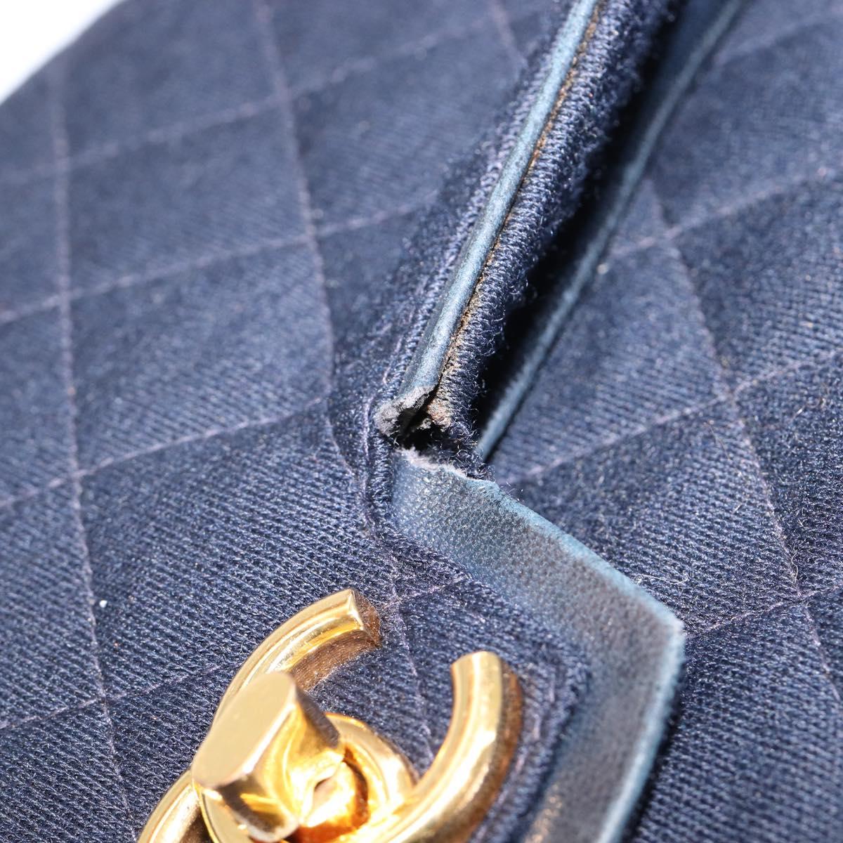 CHANEL Matelasse Double Flap Chain Shoulder Bag Cotton Navy Gold CC Auth BA17030