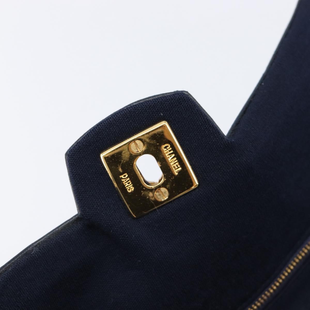 CHANEL Matelasse Double Flap Chain Shoulder Bag Cotton Navy Gold CC Auth BA17030