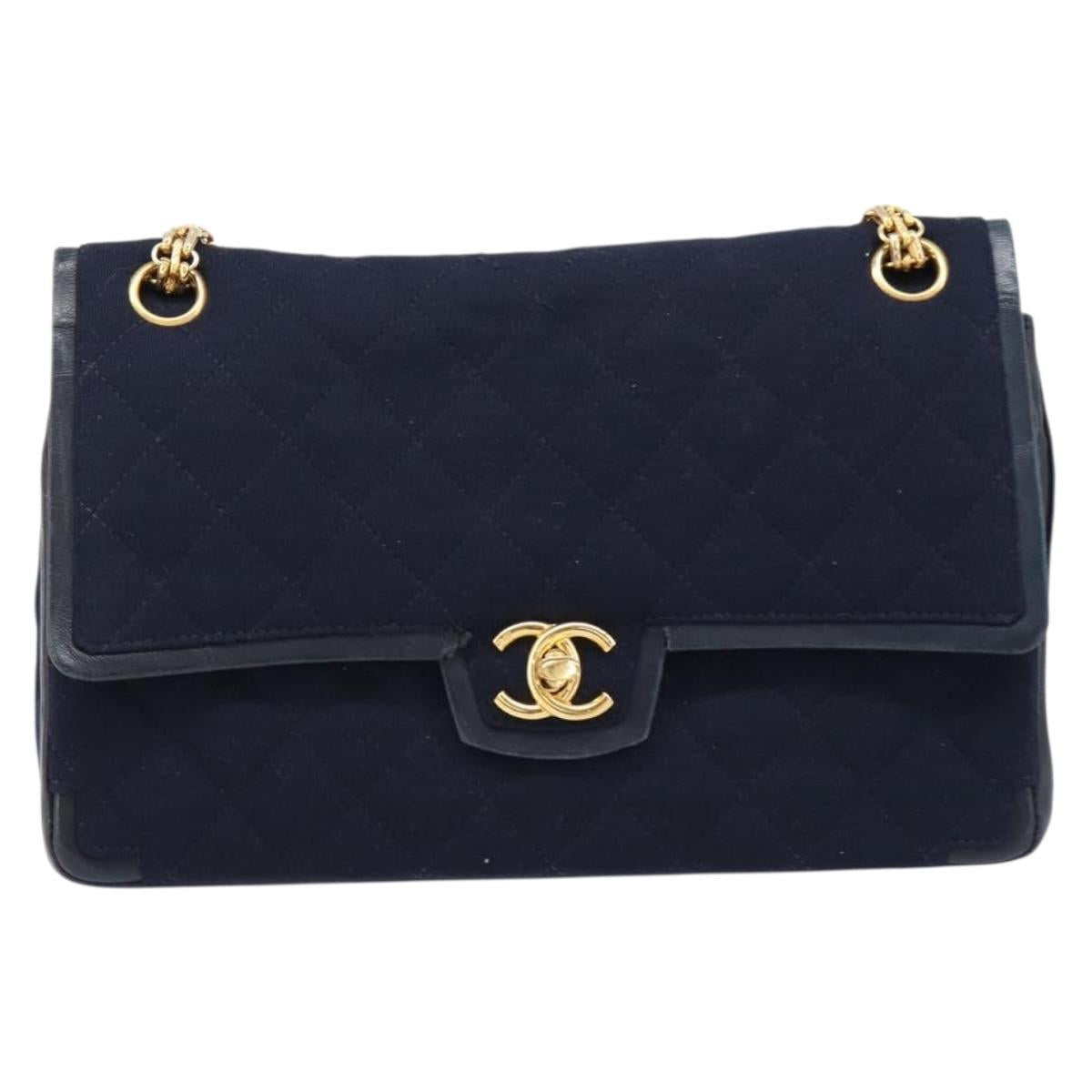 CHANEL Matelasse Double Flap Chain Shoulder Bag Cotton Navy Gold CC Auth BA17030