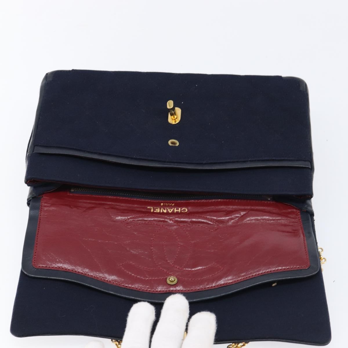CHANEL Matelasse Double Flap Chain Shoulder Bag Cotton Navy Gold CC Auth BA17030