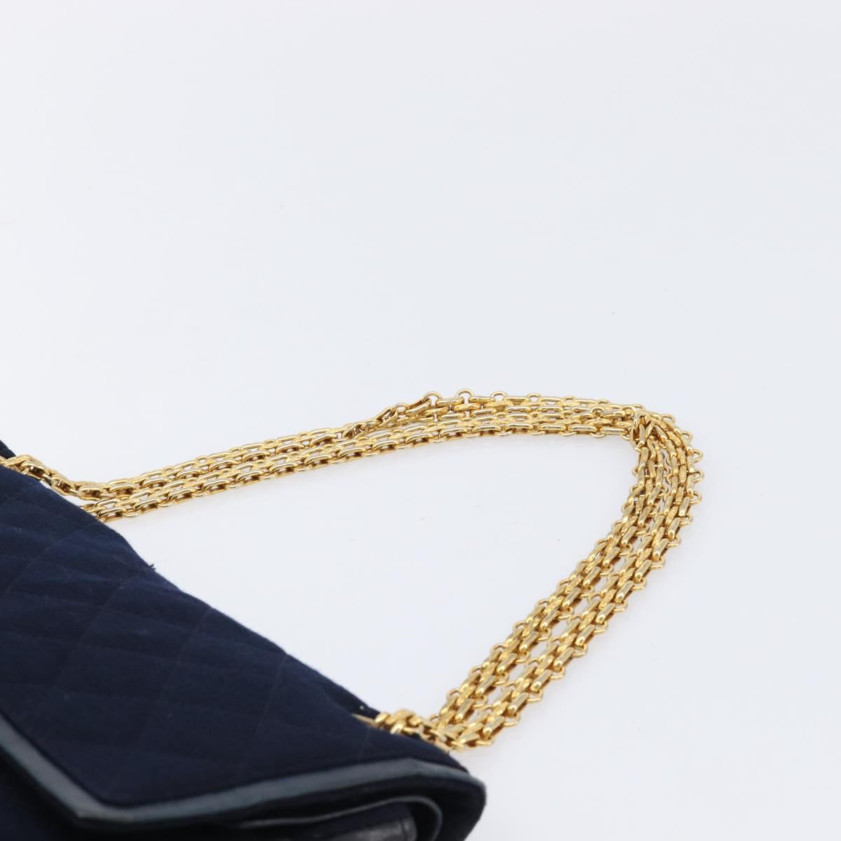 CHANEL Matelasse Double Flap Chain Shoulder Bag Cotton Navy Gold CC Auth BA17030