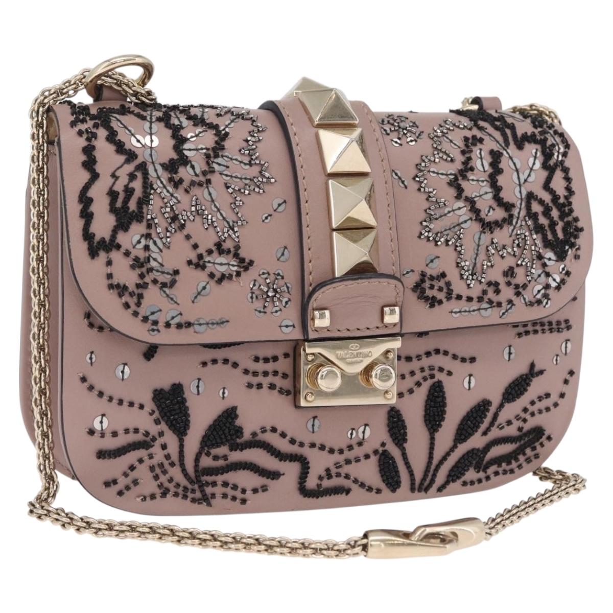 Valentino Glam Rock Bead Chain Shoulder Bag Leather Gray Gold Auth BA17031V