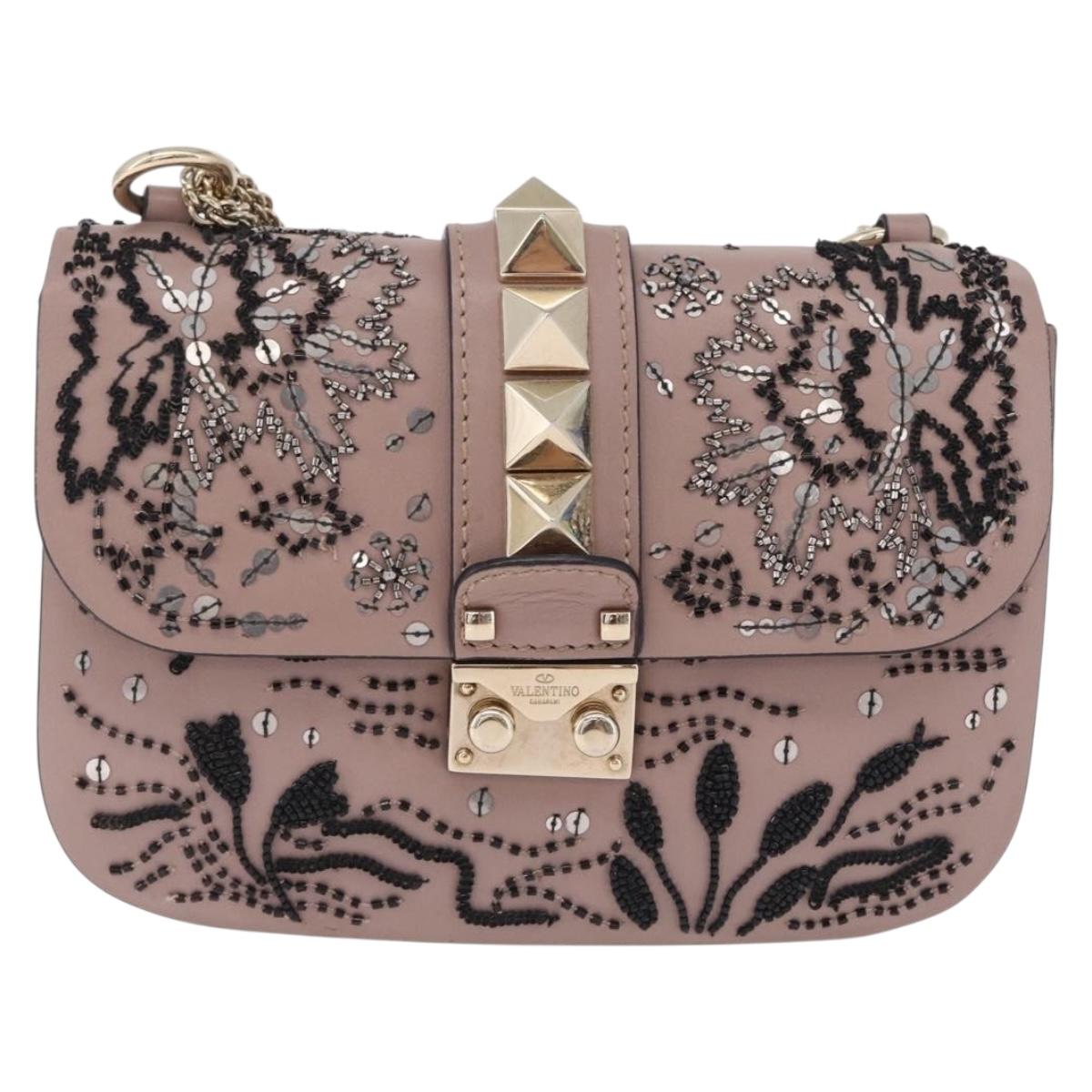 Valentino Glam Rock Bead Chain Shoulder Bag Leather Gray Gold Auth BA17031V