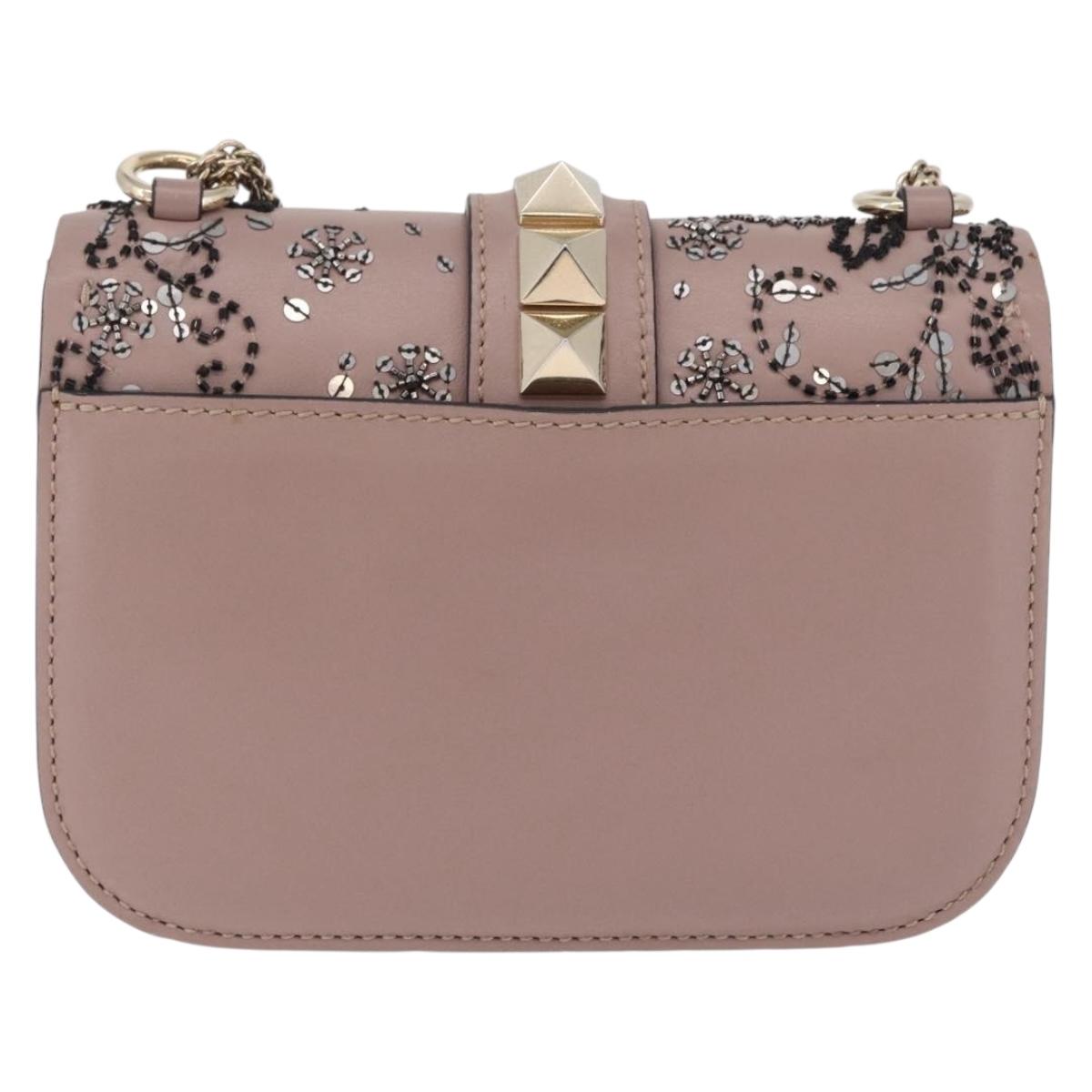 Valentino Glam Rock Bead Chain Shoulder Bag Leather Gray Gold Auth BA17031V