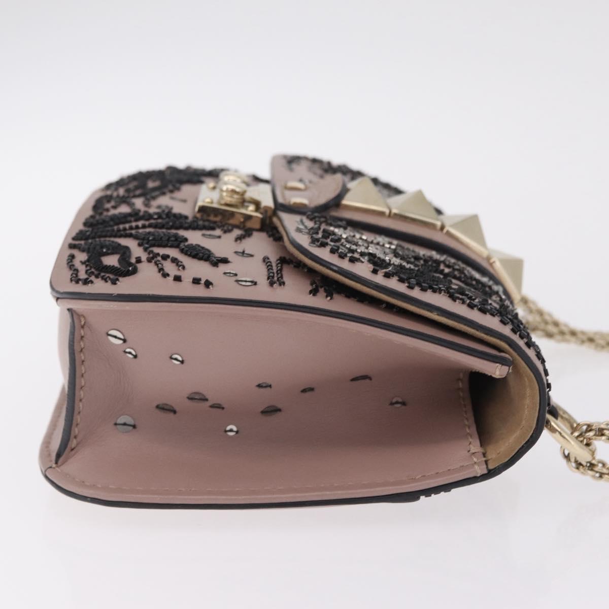 Valentino Glam Rock Bead Chain Shoulder Bag Leather Gray Gold Auth BA17031V