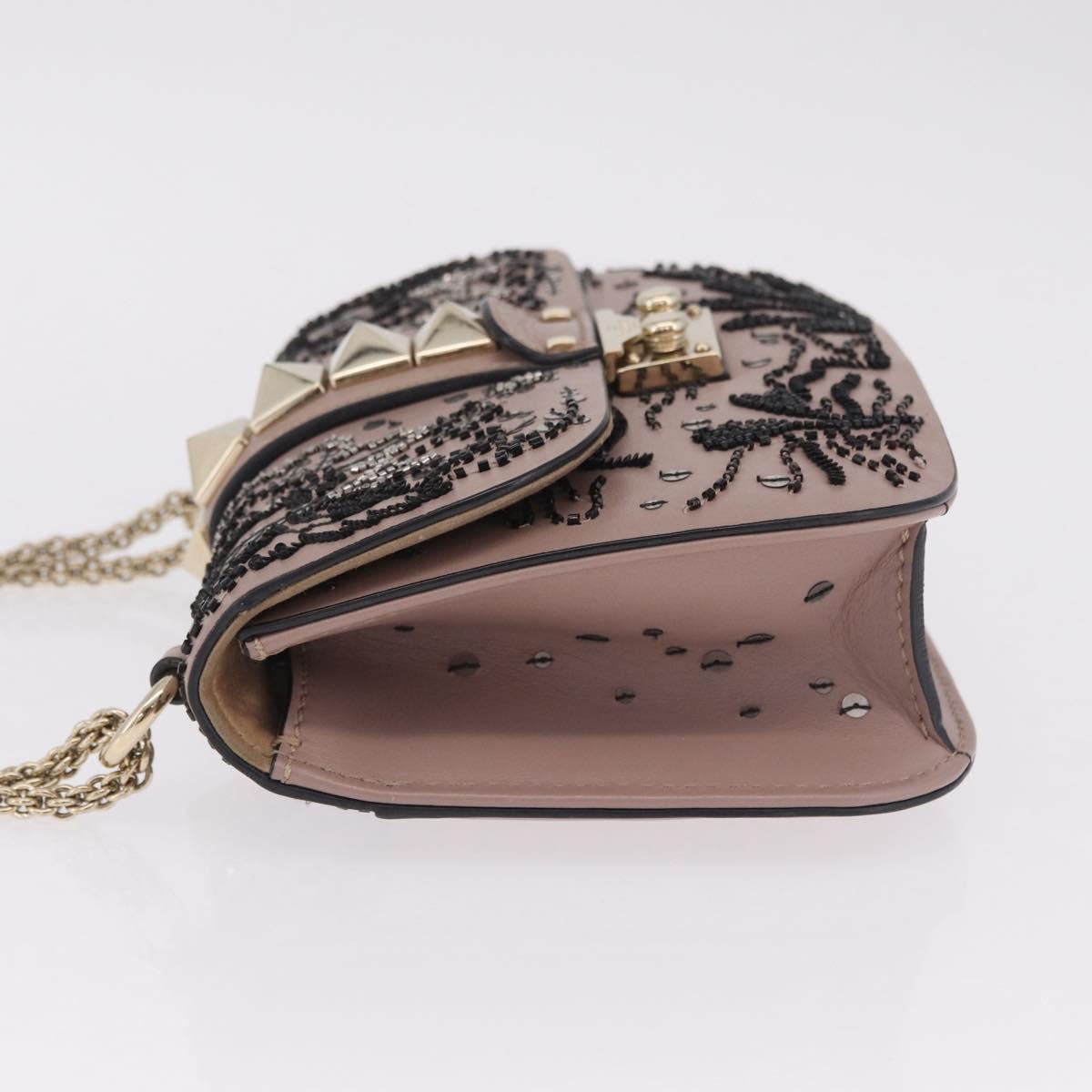 Valentino Glam Rock Bead Chain Shoulder Bag Leather Gray Gold Auth BA17031V
