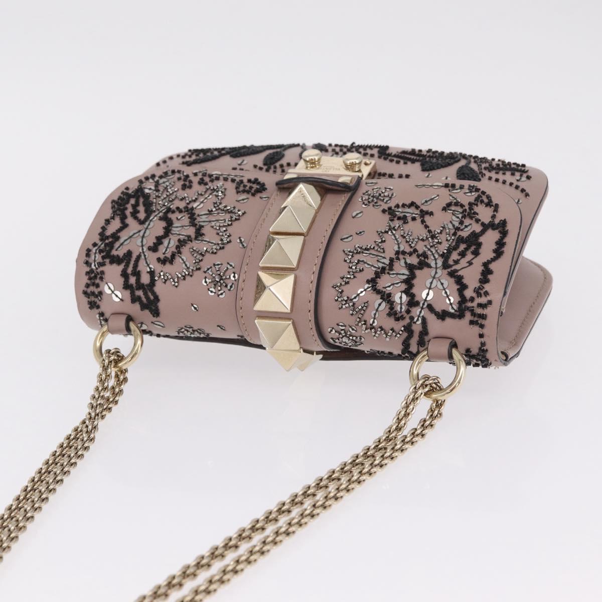 Valentino Glam Rock Bead Chain Shoulder Bag Leather Gray Gold Auth BA17031V