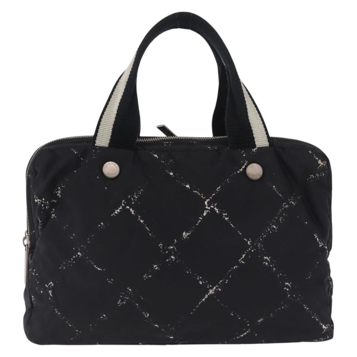 CHANEL Travel Line Hand Bag Nylon Black Silver CC Auth BA17042