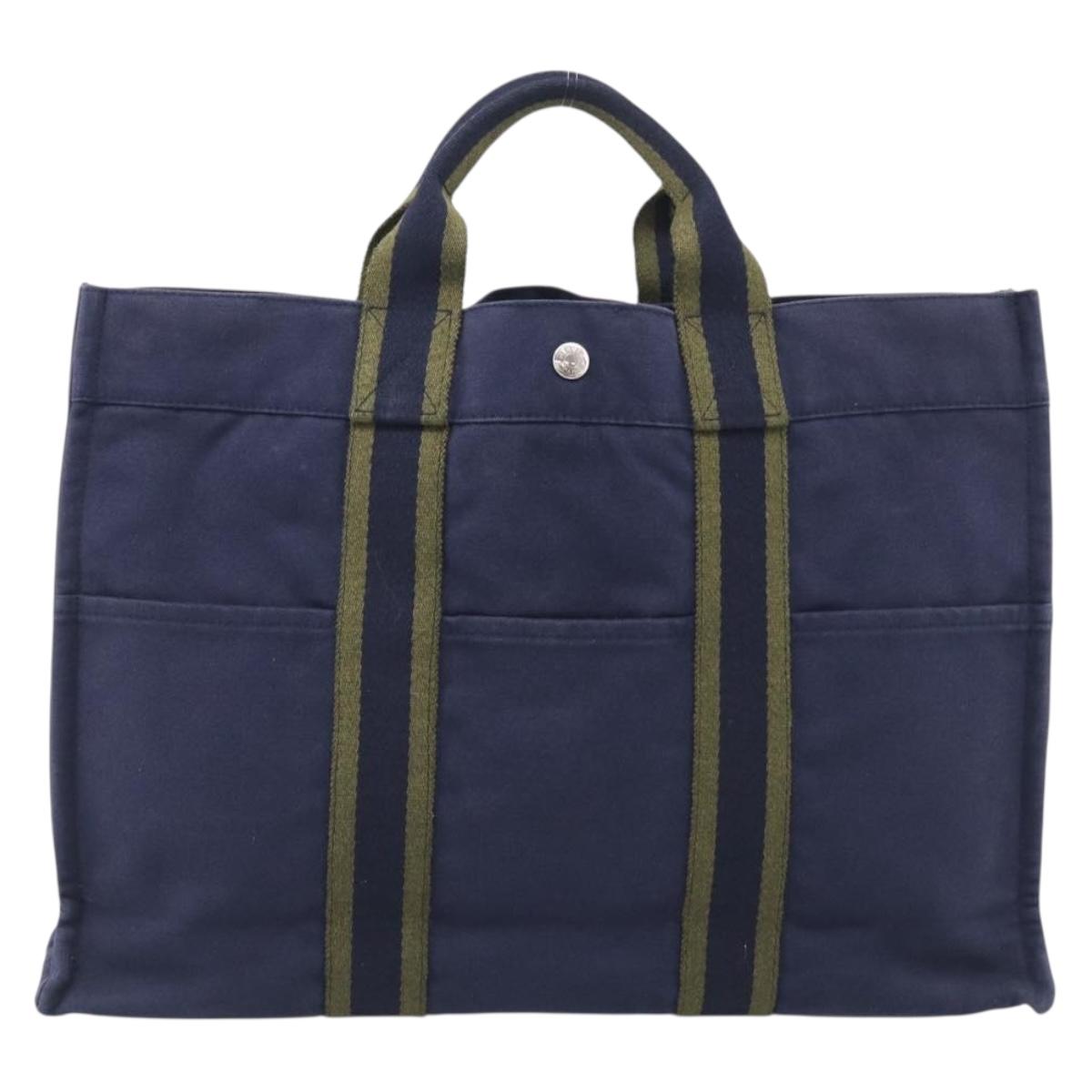 HERMES Fourre Tout MM Hand Bag Canvas Navy Silver Auth BA17045