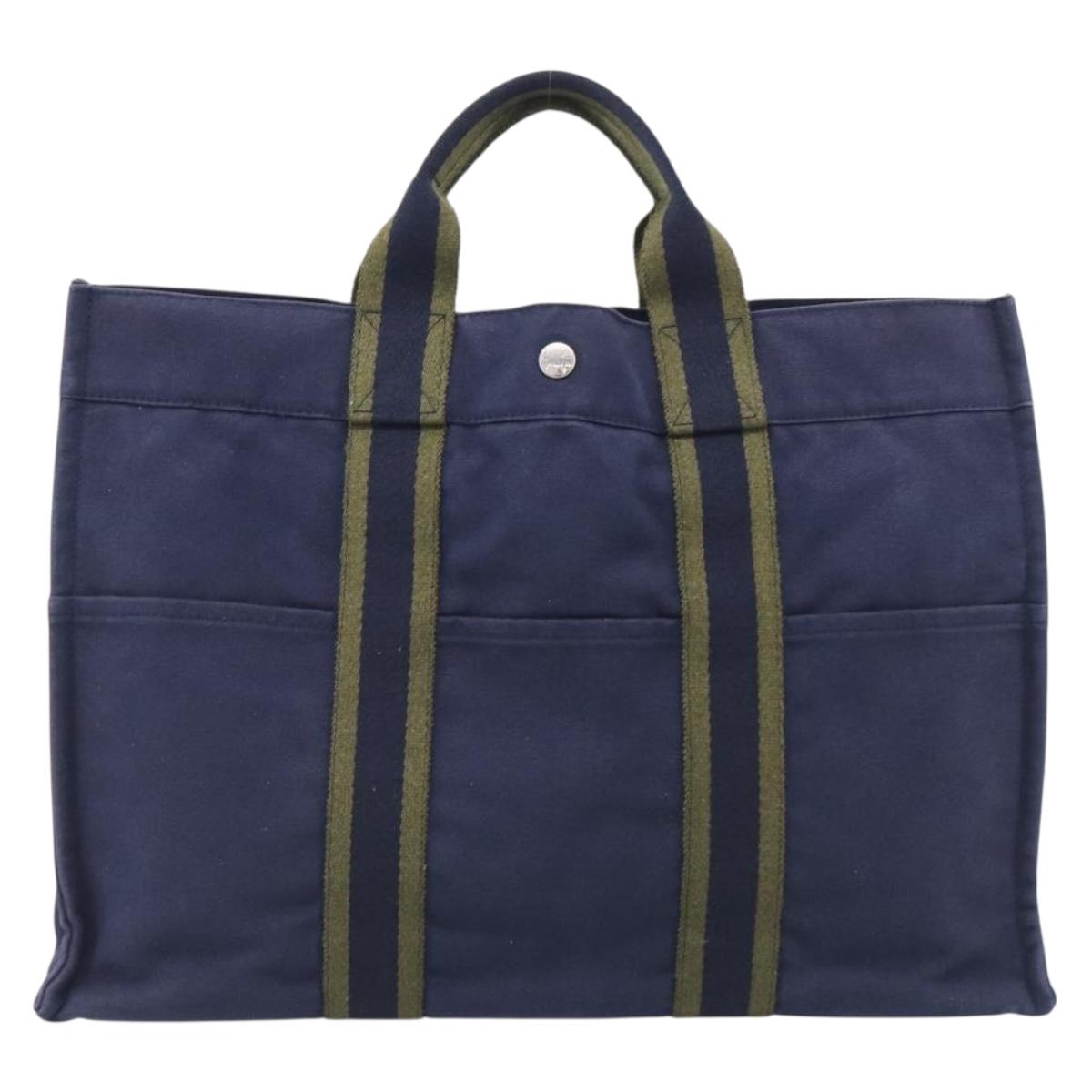 HERMES Fourre Tout MM Hand Bag Canvas Navy Silver Auth BA17045