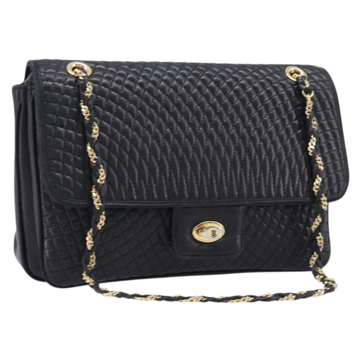 Bally Chain Shoulder Bag Leather Black Gold Auth BA17048