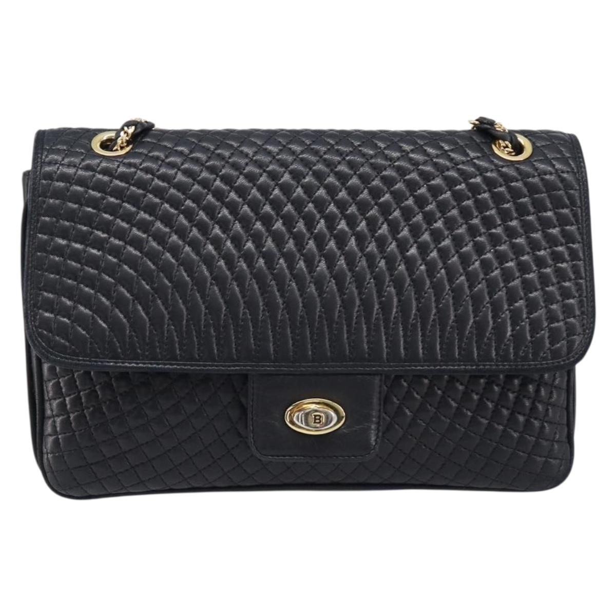 Bally Chain Shoulder Bag Leather Black Gold Auth BA17048