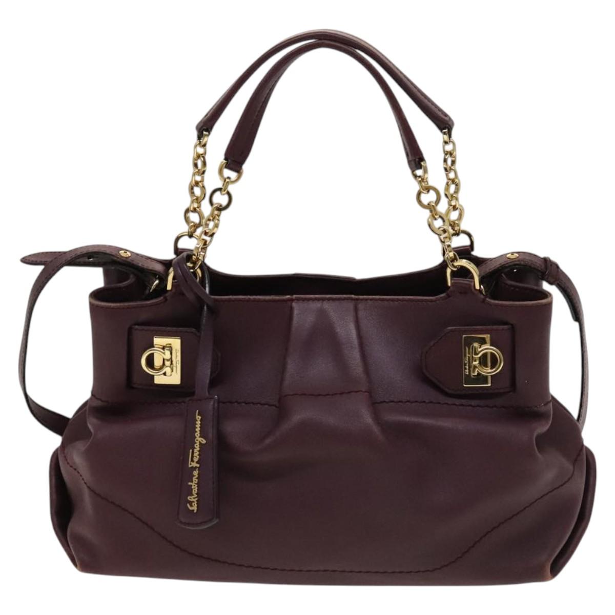 Salvatore Ferragamo Gancini Chain Hand Bag Leather 2way Purple Gold Auth BA1705