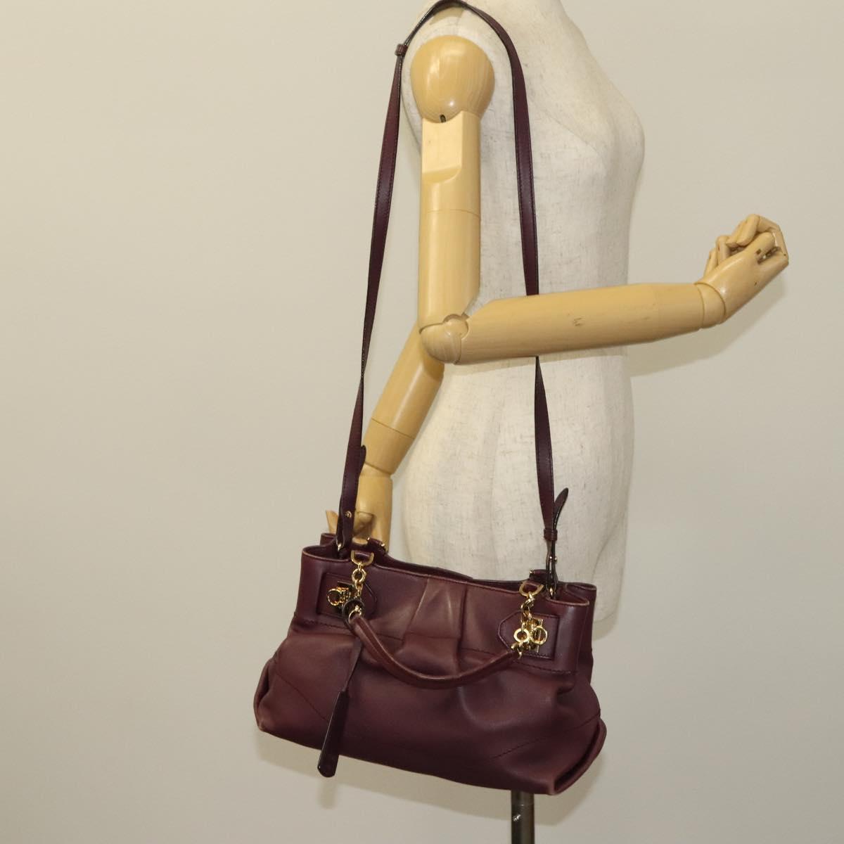 Salvatore Ferragamo Gancini Chain Hand Bag Leather 2way Purple Gold Auth BA1705