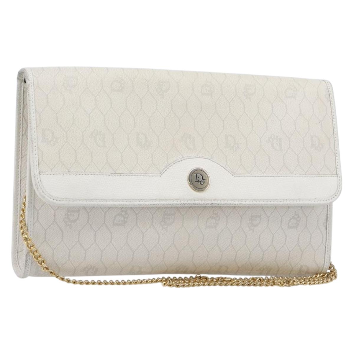 Christian Dior Honeycomb Chain Shoulder Bag PVC White Gold Auth BA17050