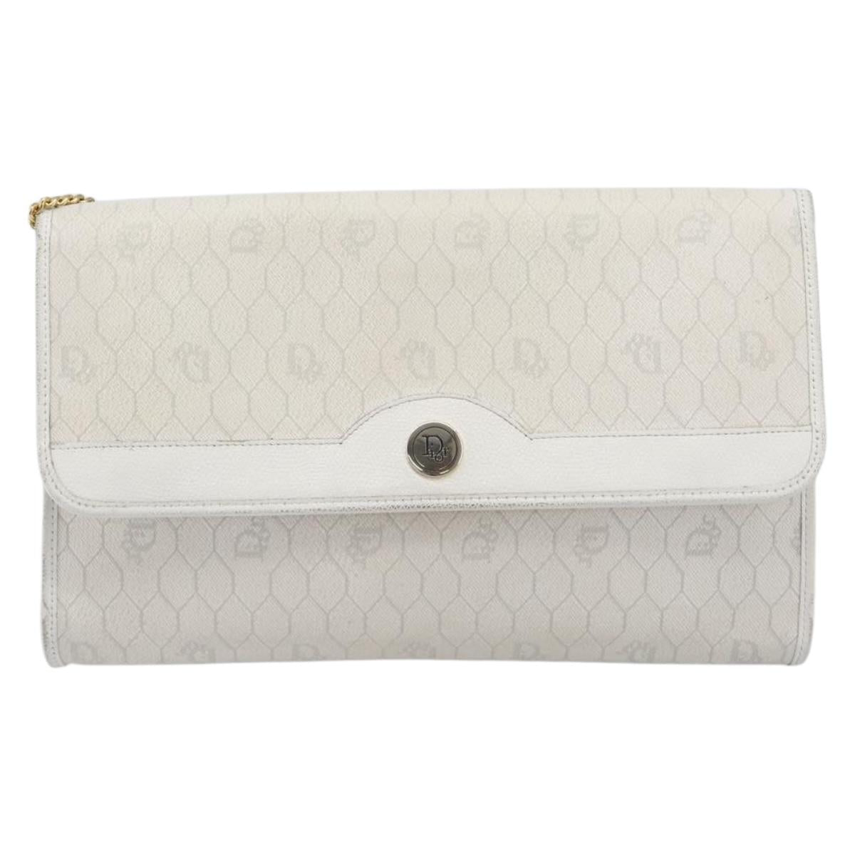 Christian Dior Honeycomb Chain Shoulder Bag PVC White Gold Auth BA17050