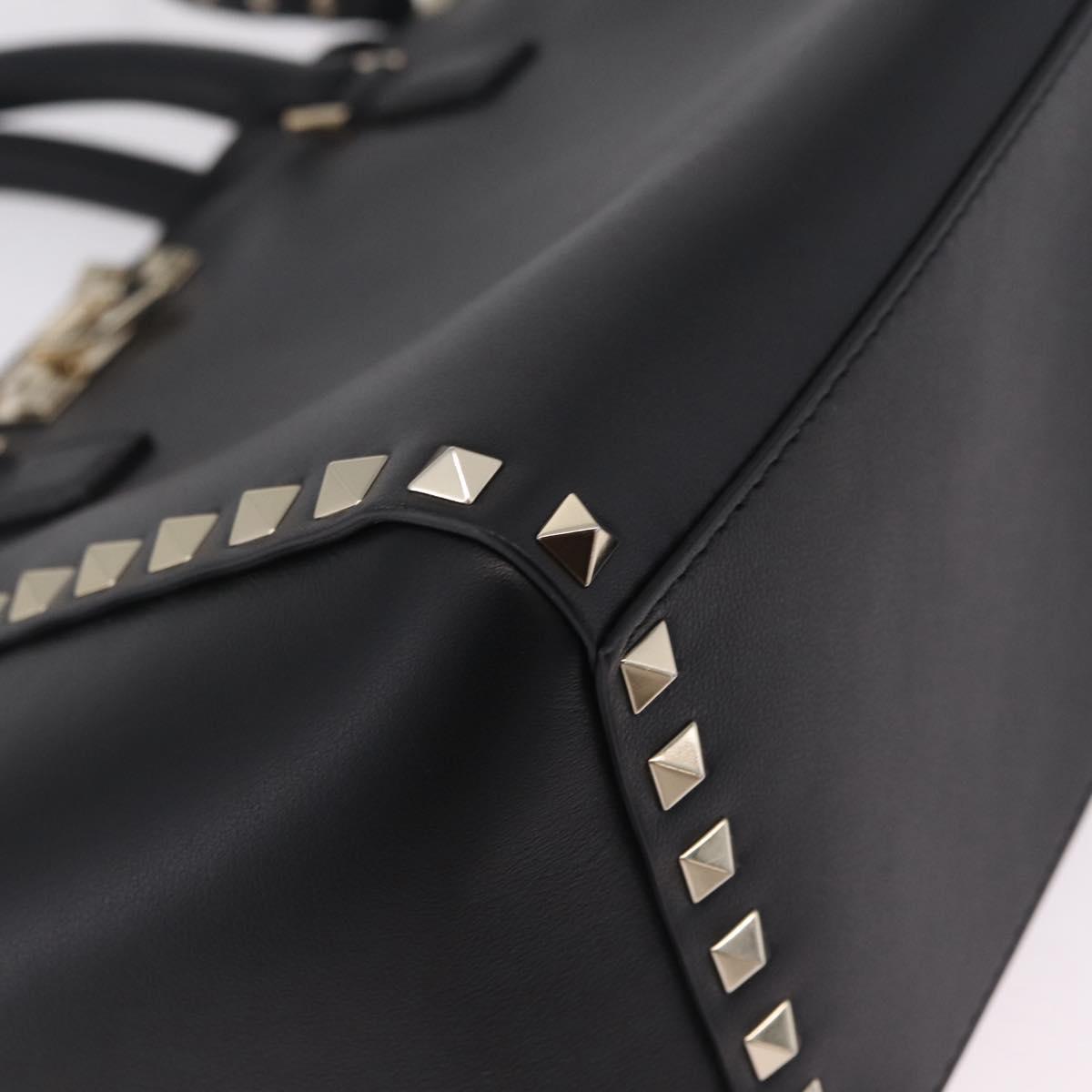 Valentino Rock Studs Hand Bag Leather 2way Black Gold Auth BA17055V