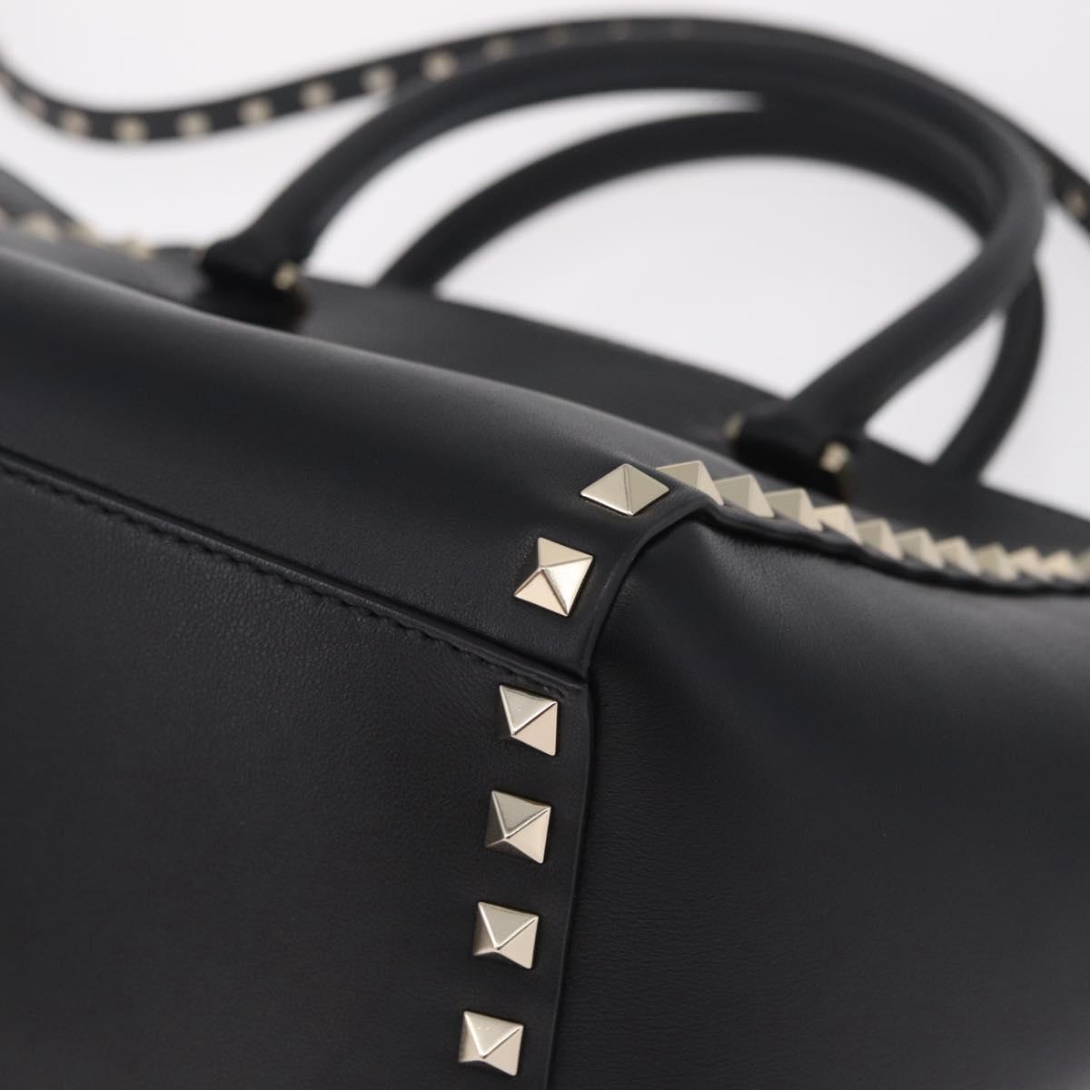 Valentino Rock Studs Hand Bag Leather 2way Black Gold Auth BA17055V