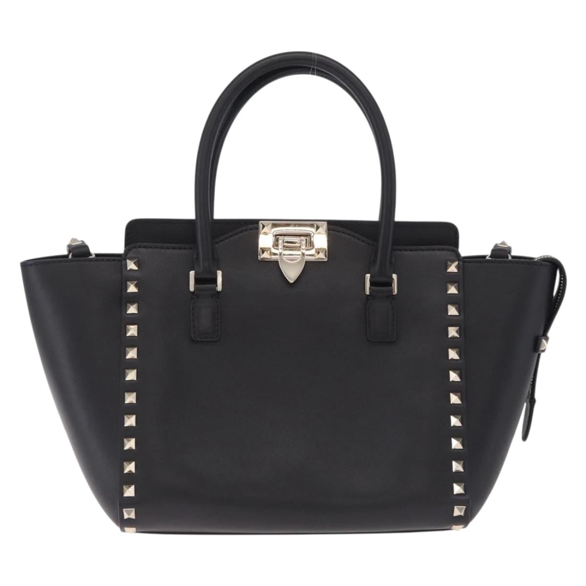 Valentino Rock Studs Hand Bag Leather 2way Black Gold Auth BA17055V