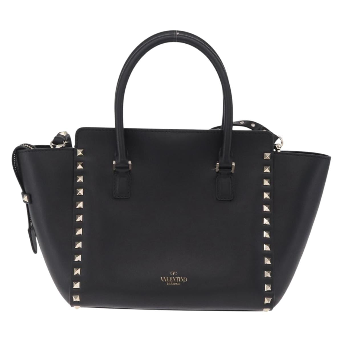 Valentino Rock Studs Hand Bag Leather 2way Black Gold Auth BA17055V