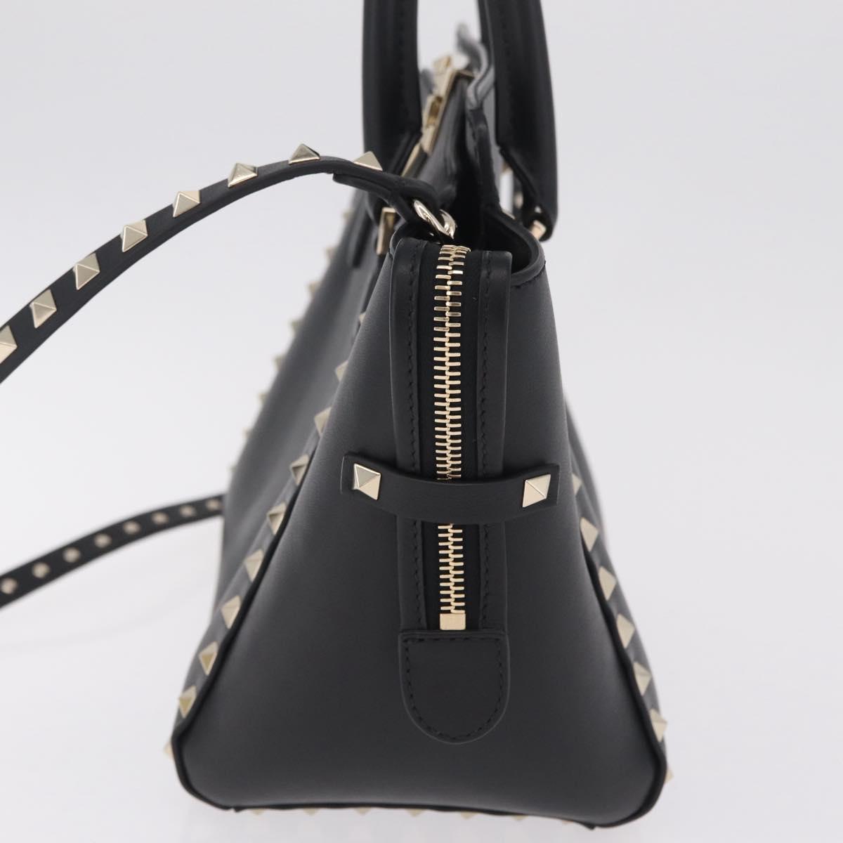Valentino Rock Studs Hand Bag Leather 2way Black Gold Auth BA17055V