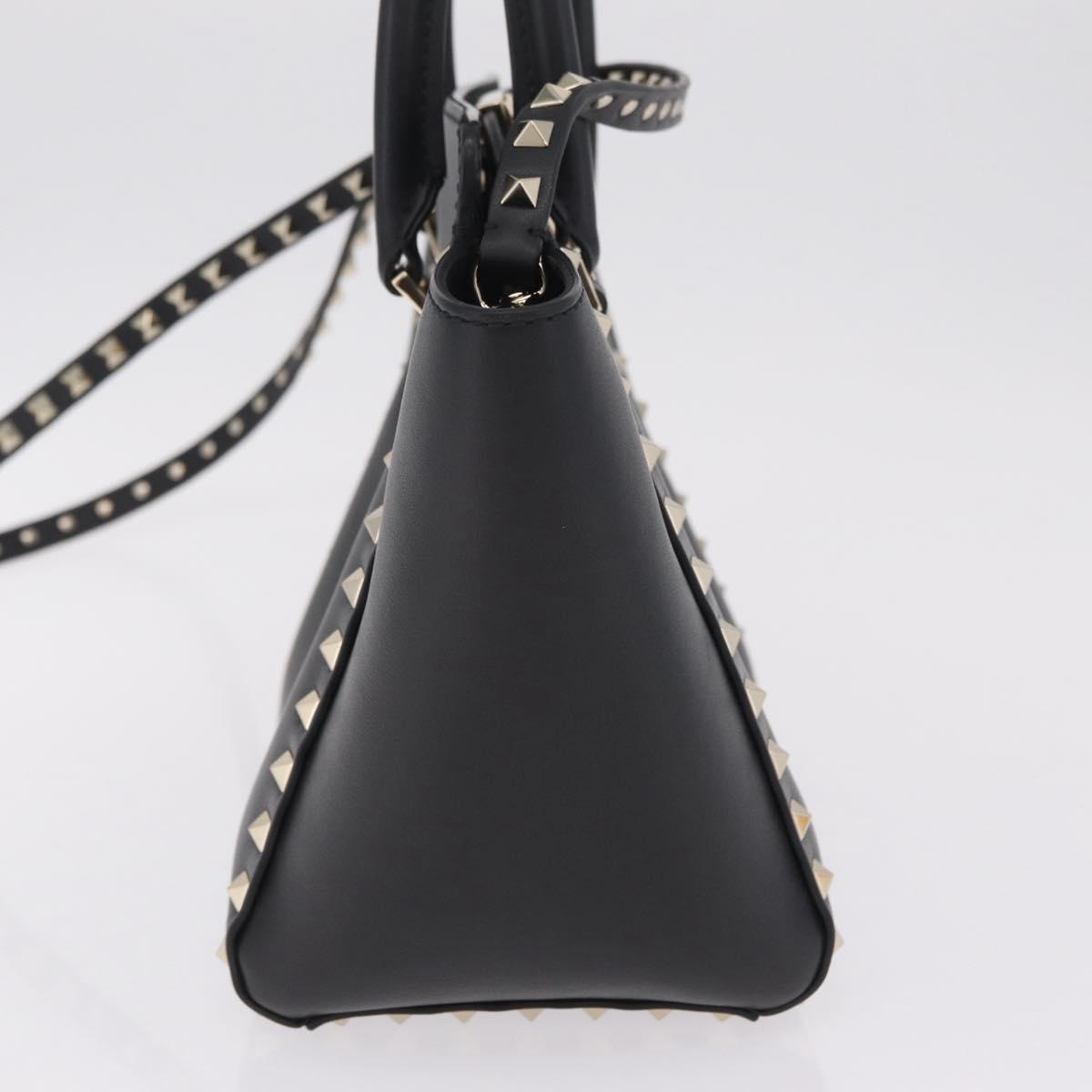 Valentino Rock Studs Hand Bag Leather 2way Black Gold Auth BA17055V