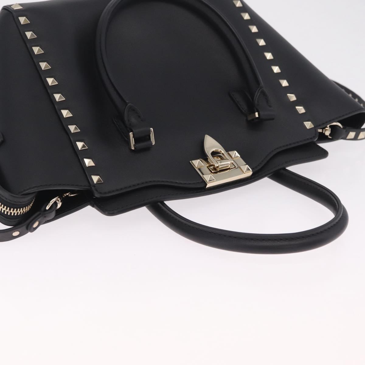 Valentino Rock Studs Hand Bag Leather 2way Black Gold Auth BA17055V