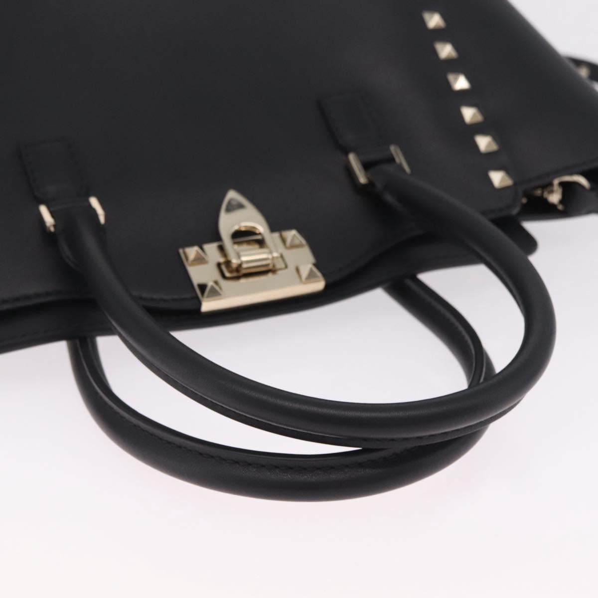 Valentino Rock Studs Hand Bag Leather 2way Black Gold Auth BA17055V