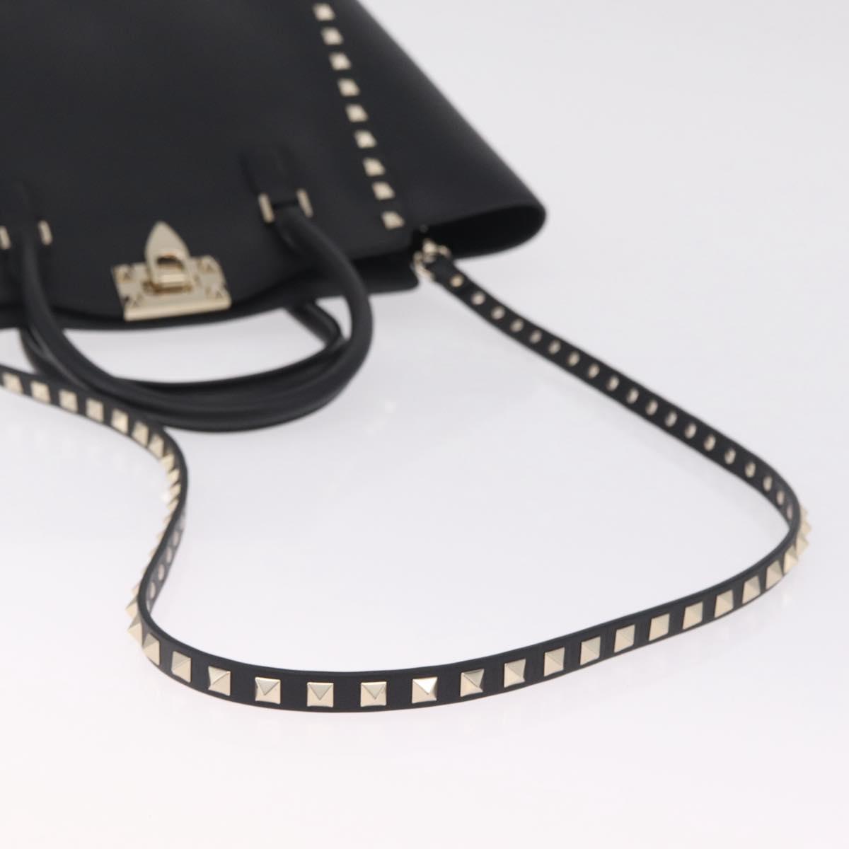 Valentino Rock Studs Hand Bag Leather 2way Black Gold Auth BA17055V