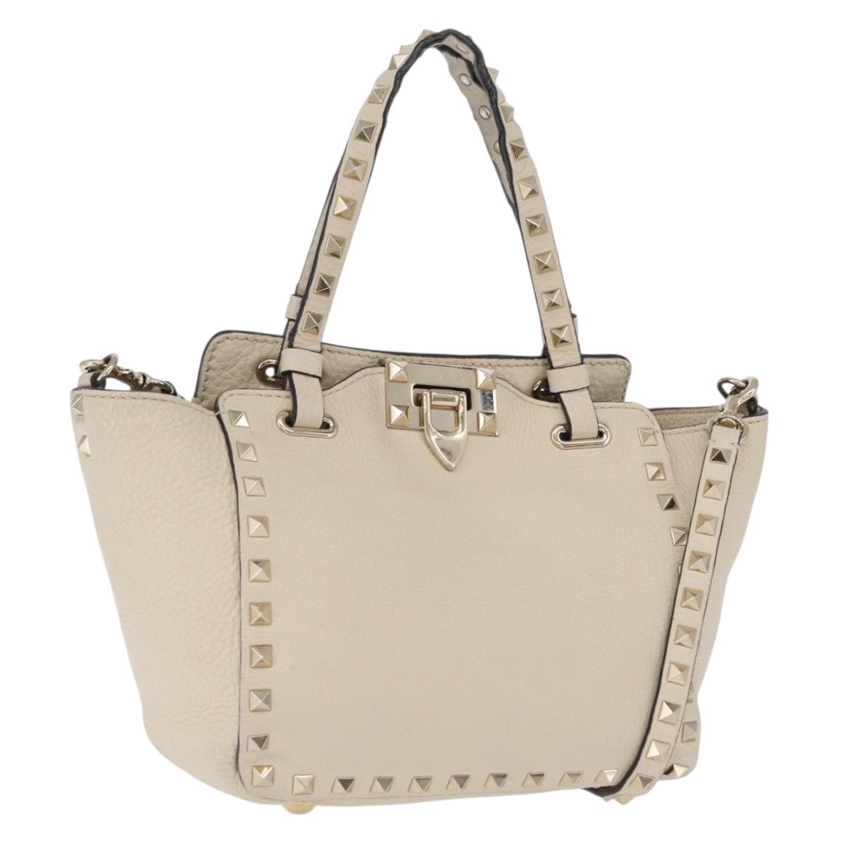 Valentino Rock Studs Hand Bag Leather 2way Ivory Gold Auth BA17056