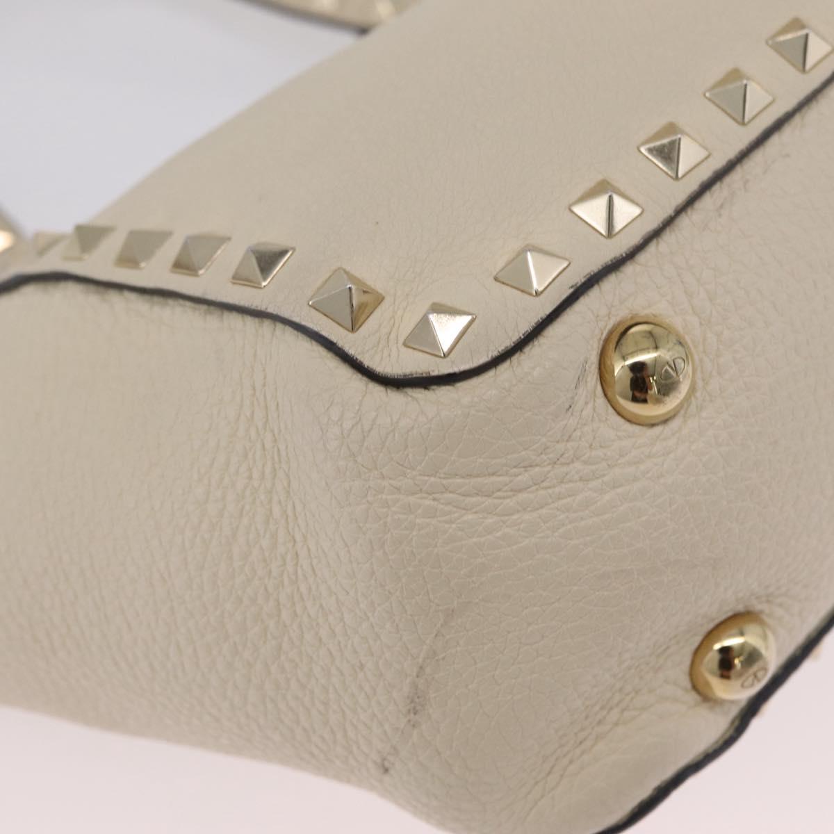 Valentino Rock Studs Hand Bag Leather 2way Ivory Gold Auth BA17056