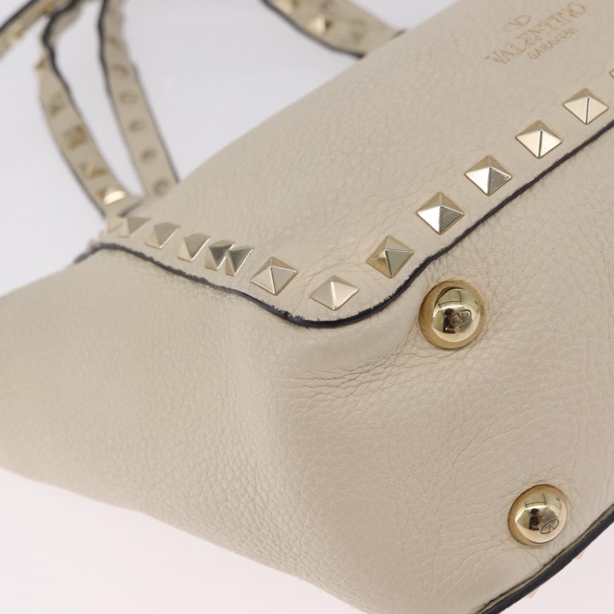 Valentino Rock Studs Hand Bag Leather 2way Ivory Gold Auth BA17056