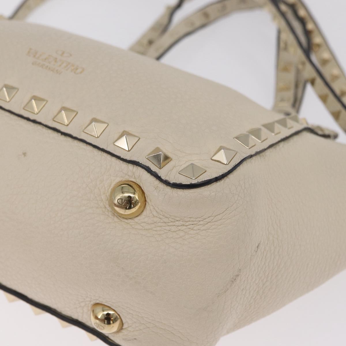 Valentino Rock Studs Hand Bag Leather 2way Ivory Gold Auth BA17056