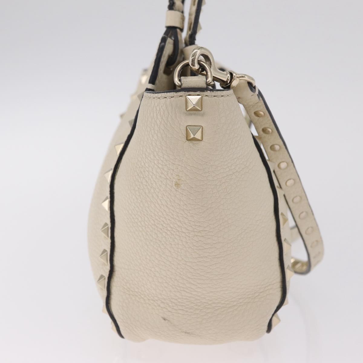 Valentino Rock Studs Hand Bag Leather 2way Ivory Gold Auth BA17056