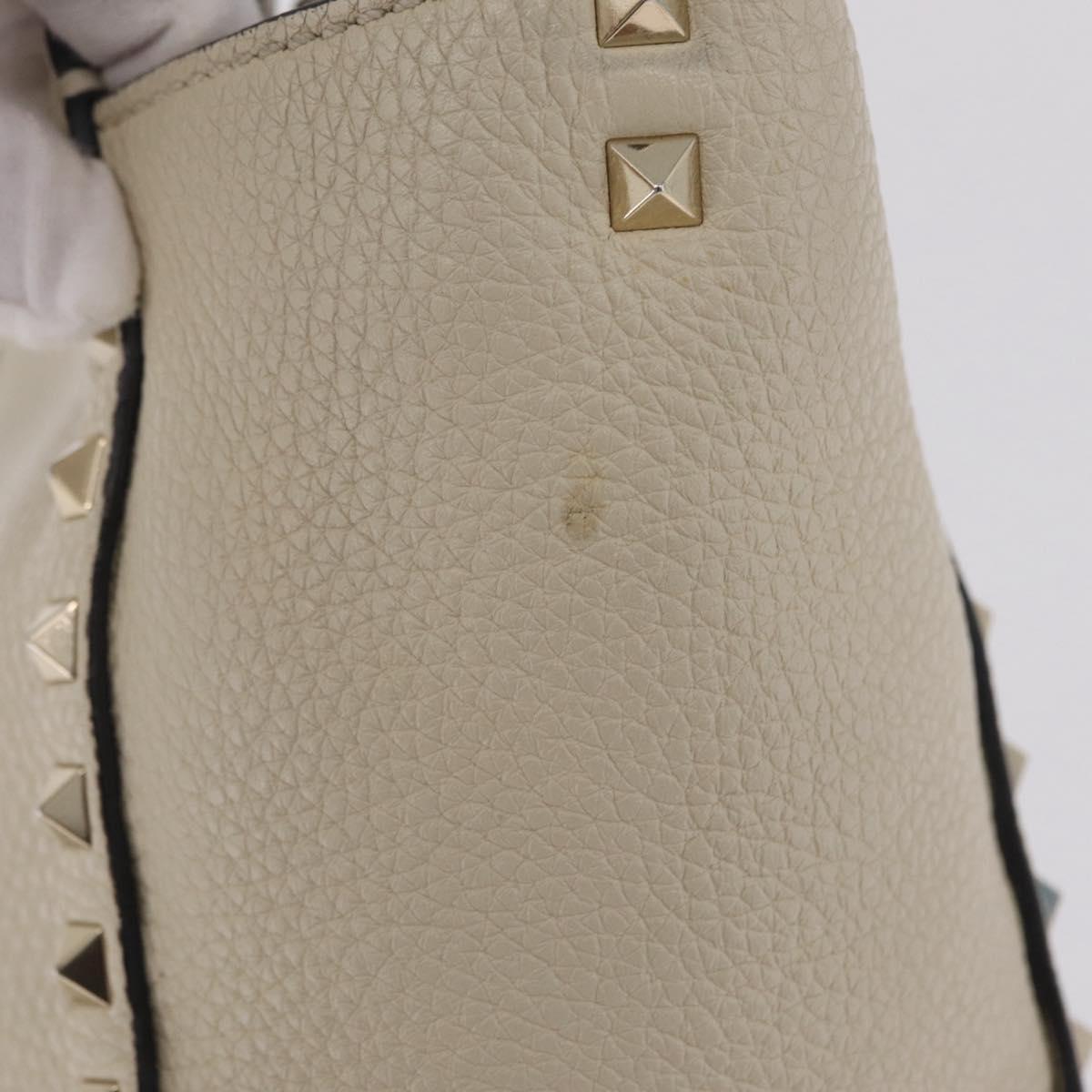 Valentino Rock Studs Hand Bag Leather 2way Ivory Gold Auth BA17056
