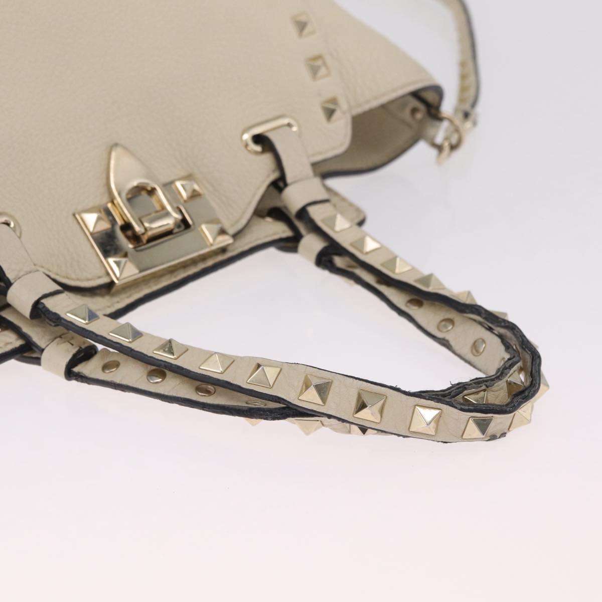 Valentino Rock Studs Hand Bag Leather 2way Ivory Gold Auth BA17056