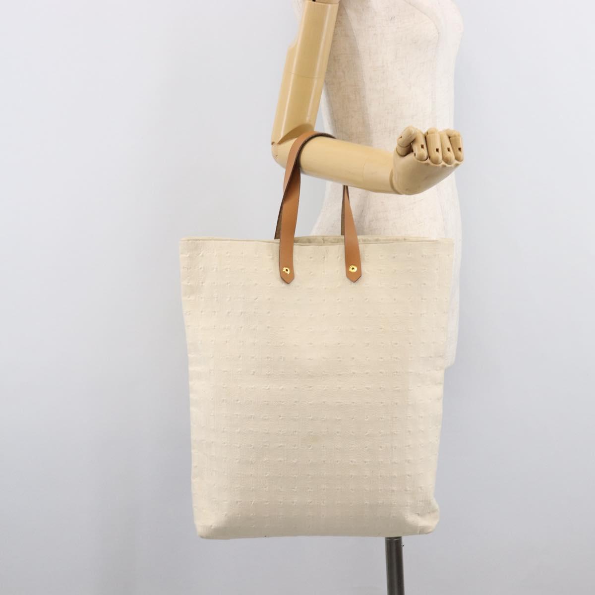 HERMES Amedaba GM Hand Bag Canvas White Brown Auth BA17059