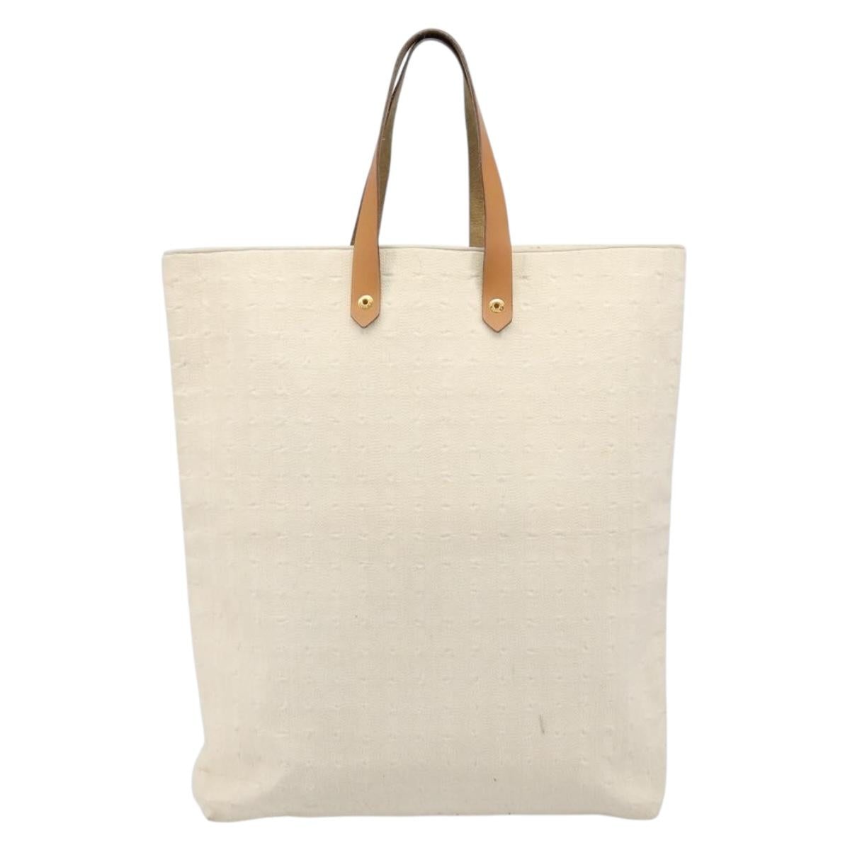HERMES Amedaba GM Hand Bag Canvas White Brown Auth BA17059