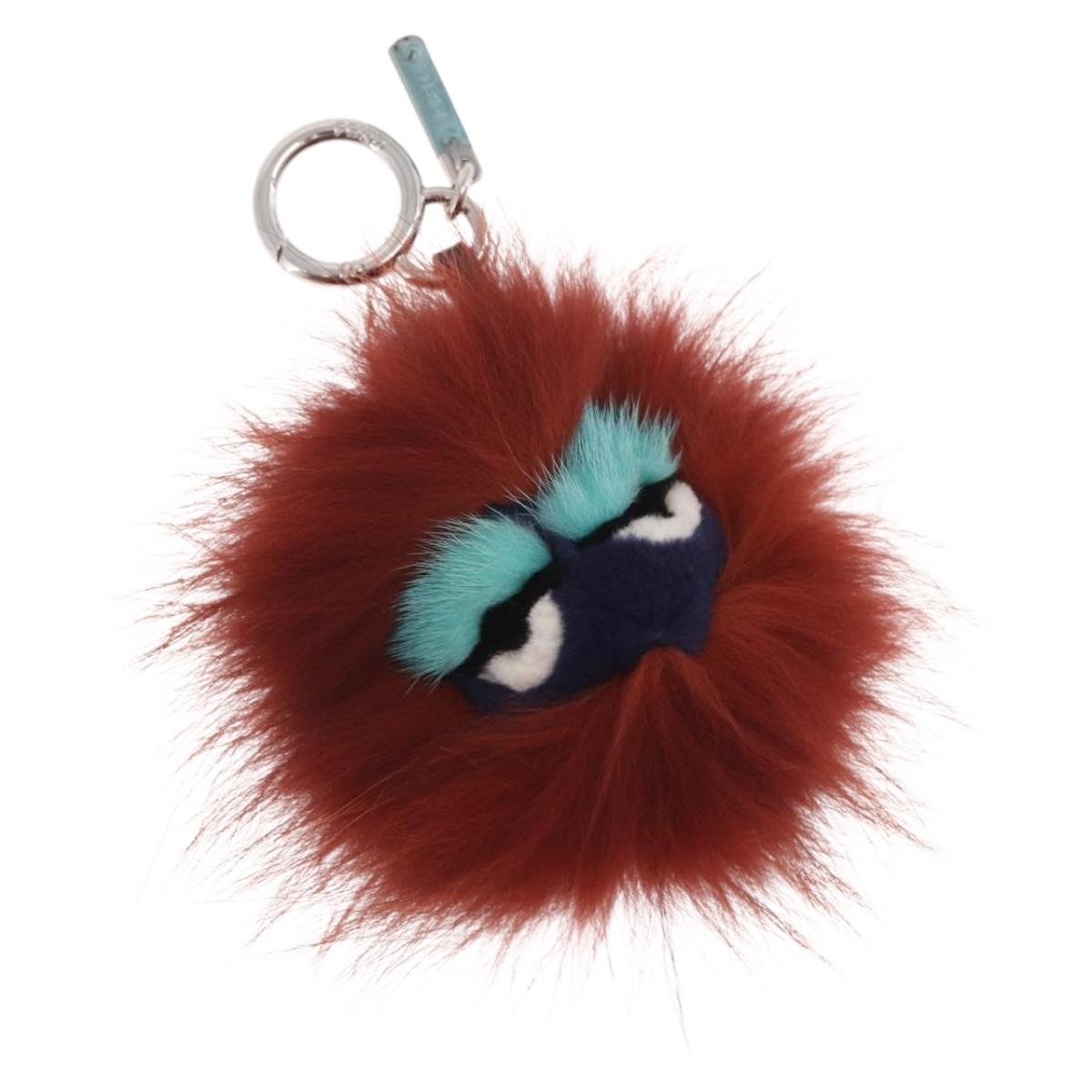 FENDI Bagbugs Monster Charm Fur Brown Silver Auth BA17083A