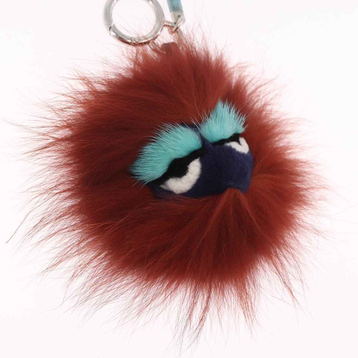 FENDI Bagbugs Monster Charm Fur Brown Silver Auth BA17083A