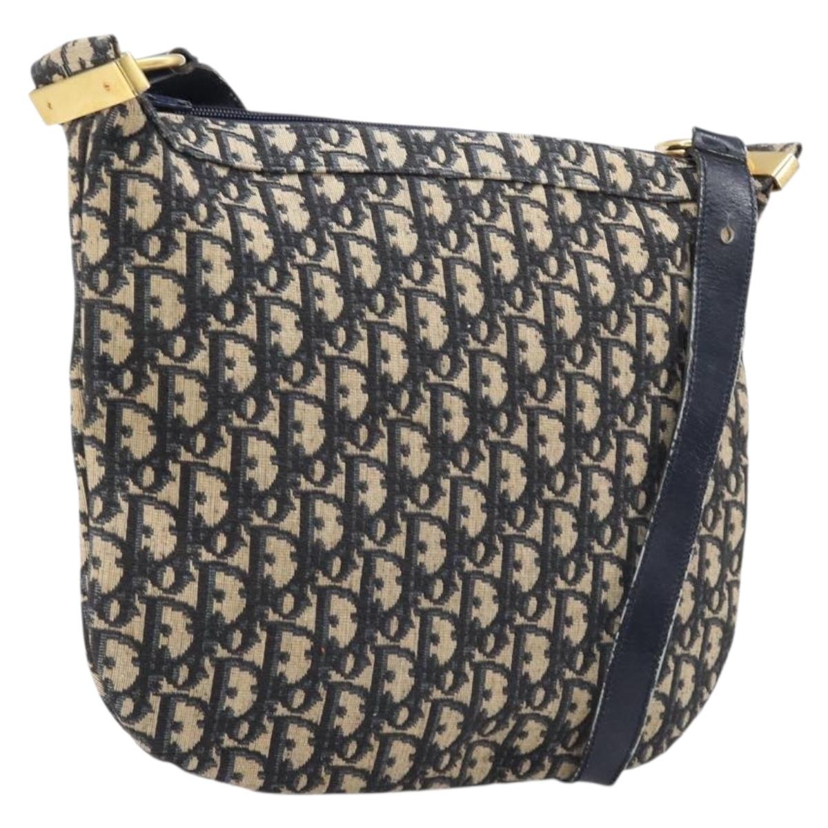 Christian Dior Trotter Canvas Shoulder Bag Navy Gold Auth BA17088
