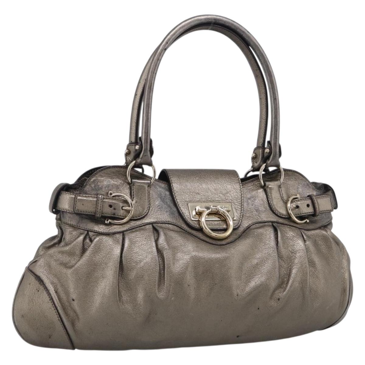 Salvatore Ferragamo Gancini Hand Bag Leather Silver Gold Auth BA17089