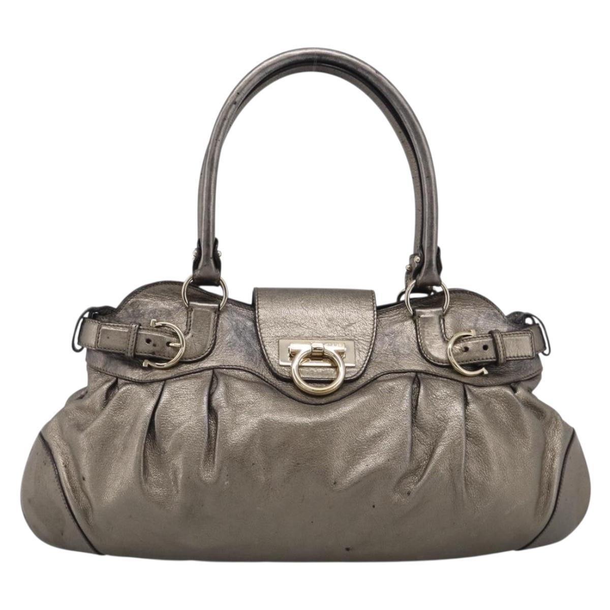Salvatore Ferragamo Gancini Hand Bag Leather Silver Gold Auth BA17089