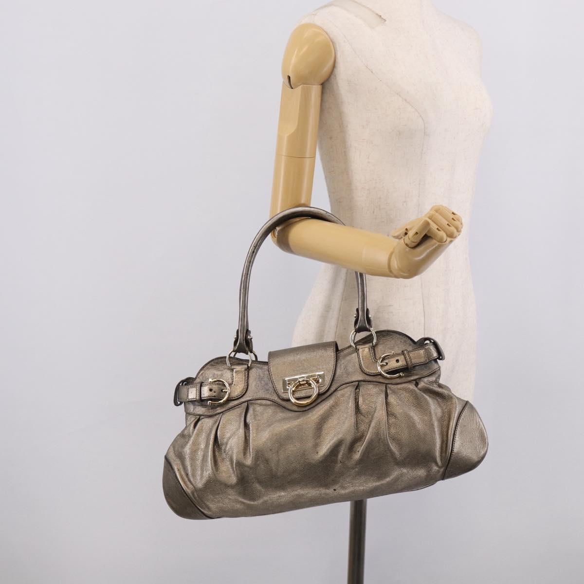 Salvatore Ferragamo Gancini Hand Bag Leather Silver Gold Auth BA17089