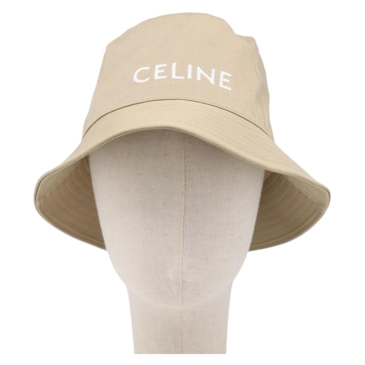 CELINE Bucket Hat Cotton Beige White Auth BA17093M