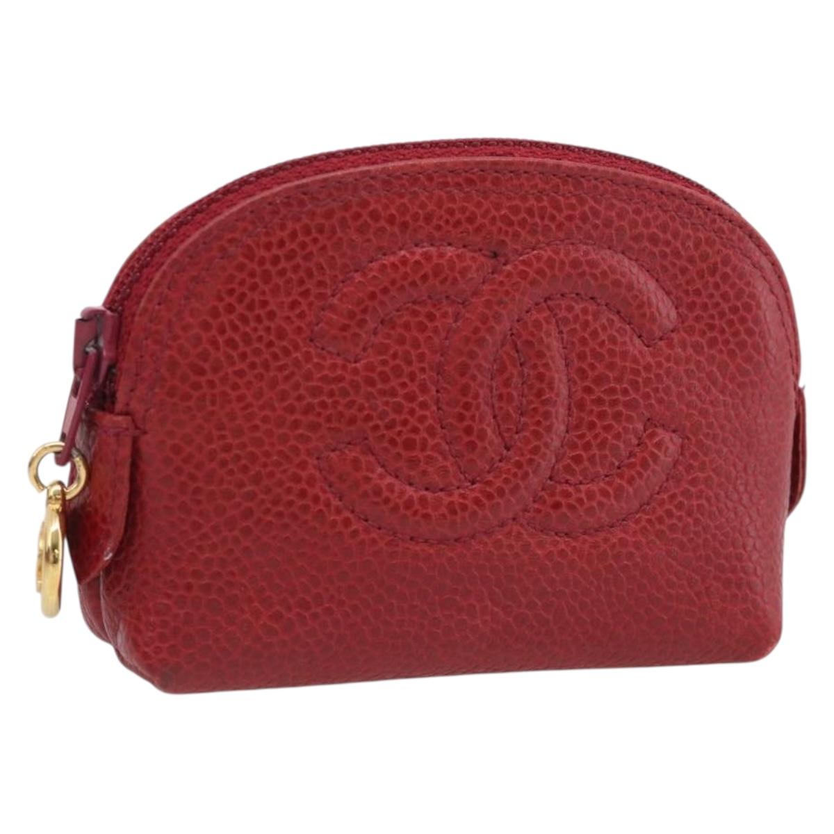 CHANEL COCO Mark Coin Purse Caviar Skin Red Gold CC Auth BA17101